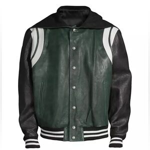 Balmain Leather Hooded Varsity Jacket in green and black